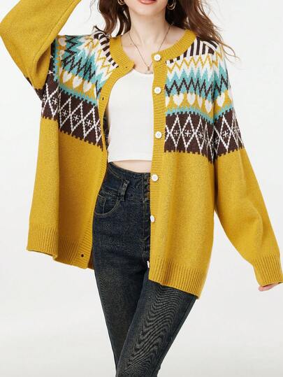 Plus Size Geometric Pattern Long Sleeve Cardigan, Casual For Autumn/Winter
