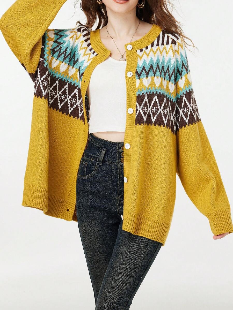 Plus Size Geometric Pattern Long Sleeve Cardigan, Casual For Autumn/Winter - Yellow - View 1