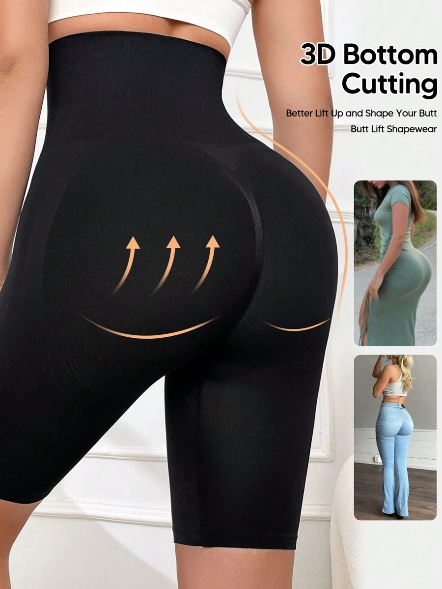 女士修身塑形短裤，收腹提臀，半透明 - 黑色 - 查看 1