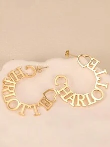 1 Pair Custom 50MM Heart Name Earring For Women Personalized Big Circle Stainless Steel Stud Earrings Wedding Charm Golden Nameplate Jewelry Vacation Daily Wear Accessories, Valentine's Day And Mother's Day Gifts - Yellow Gold - View 3