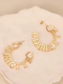 1 Pair Custom 50MM Heart Name Earring For Women Personalized Big Circle Stainless Steel Stud Earrings Wedding Charm Golden Nameplate Jewelry Vacation Daily Wear Accessories, Valentine's Day And Mother's Day Gifts - Yellow Gold - View 2