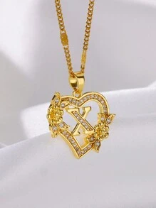 1 Pc Fashion Zirconia Flower Initial Heart Pendant Necklaces For Women Gold Color Stainless Steel Letter Chain Wedding Jewelry Gifts Valentines,Mom,Mother,Mother's Day,Gift