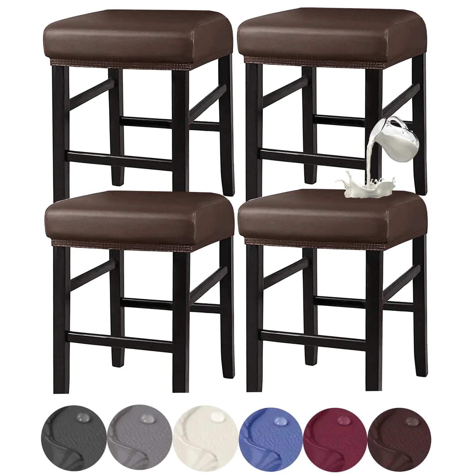 Stool Covers Rectangle, 2PCS/4PCS Stretch Waterproof PU Rectangle Bar Stool Covers Vanity Stool Cover Washable Counter Stool Covers Saddle Seat Cover With Elastic Bands For Wooden Metal Barstools - Coffee Brown - View 2