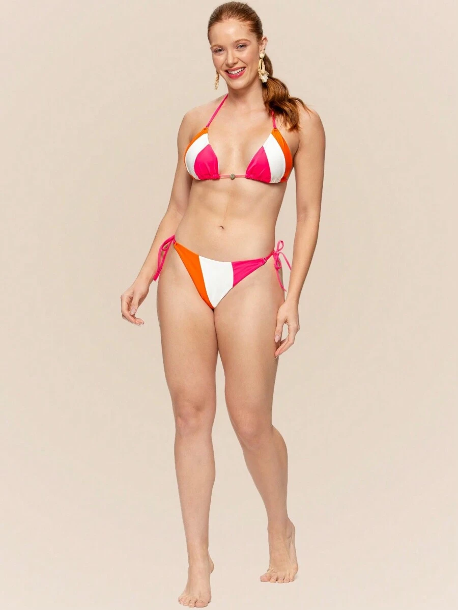 Arsie Triangle Bikini Set With Removable Padded Bra, Thin And Adjustable Straps And Tie-Up Bottoms - 橘色/白色/粉紅色 - 查看 1