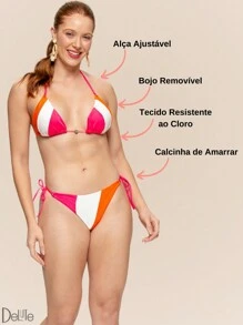 Arsie Triangle Bikini Set With Removable Padded Bra, Thin And Adjustable Straps And Tie-Up Bottoms - 橘色/白色/粉紅色 - 查看 5