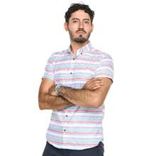 MEN'S CASUAL SHIRT, SHORT SLEEVE, WHITE, WITH HORIZONTAL STRIPES