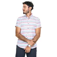MEN'S CASUAL SHIRT, SHORT SLEEVE, WHITE, WITH HORIZONTAL STRIPES