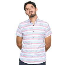 MEN'S CASUAL SHIRT, SHORT SLEEVE, WHITE, WITH HORIZONTAL STRIPES