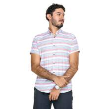 MEN'S CASUAL SHIRT, SHORT SLEEVE, WHITE, WITH HORIZONTAL STRIPES