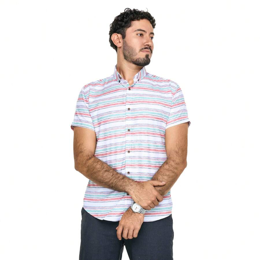 MEN'S CASUAL SHIRT, SHORT SLEEVE, WHITE, WITH HORIZONTAL STRIPES