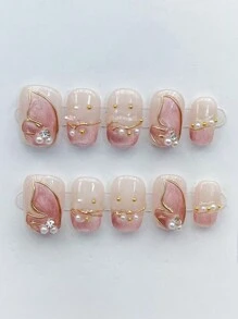 10Pcs Minimalist Delicate Short Cat Eye Faux Pearl Mermaid Tail Butterfly Nail Decor Press On Nails Nail Supplies Nails - Multicolor - View 8