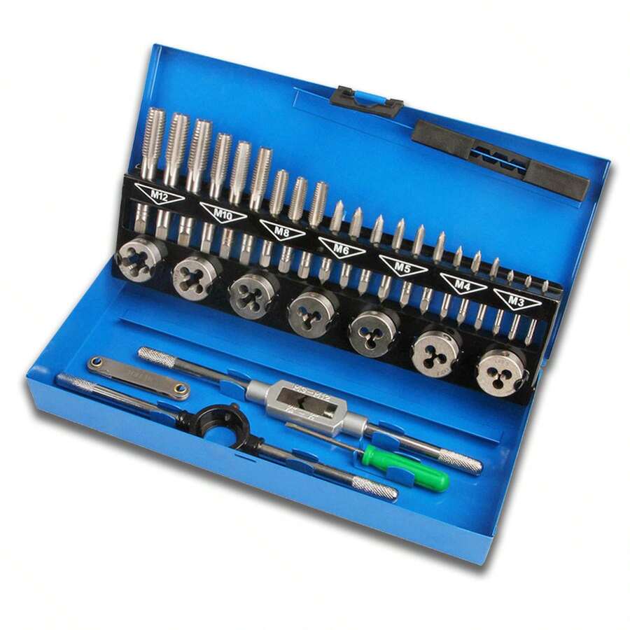 VA-Cerulean Thread Cutting Set 32 Pieces/40 Pieces/110 Pieces With Plastic Case Thread Cutter Made Of Steel Coarse Thread Cutter Drill Tools Metric M2-M18 Double Thread Template Fine Thread Tap Set - Blue-32 Pieces - View 1