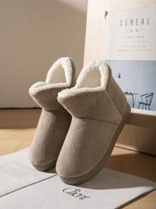 男女通用纯色 V 型保暖雪地靴平头套高跟秋冬户外短靴 - 卡其色 - 查看 2