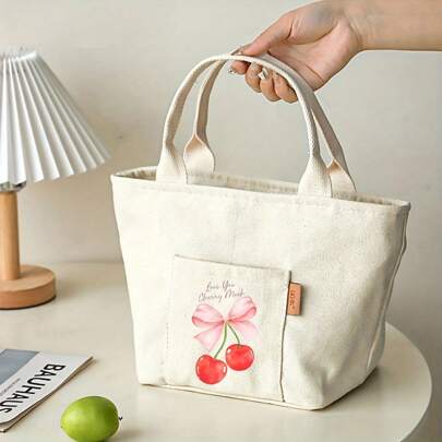 Cat Print Insulated Lunch Bag With Zipper, Canvas Tote, Portable Travel And Picnic Storage Bag, Multi-Purpose, Easy To Organize, Square Shaped, Washab