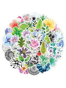 50PCS Cartoon Fresh & Beautiful Plant Floral Doodle Stickers Stylish Creative DIY Decorative Decals For Mugs, Helmets, Skateboards & Stationery - 彩色 - 查看 2