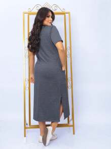 Midi Sweatshirt Dress With Front Pockets - Stylish And Modern | Fashion 2024 - Dark Grey - View 4