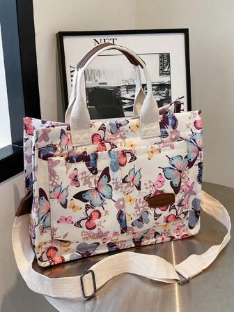 大容量蝴蝶印花手提包，图案随机，适合上学、工作、旅行，非常适合节日礼物