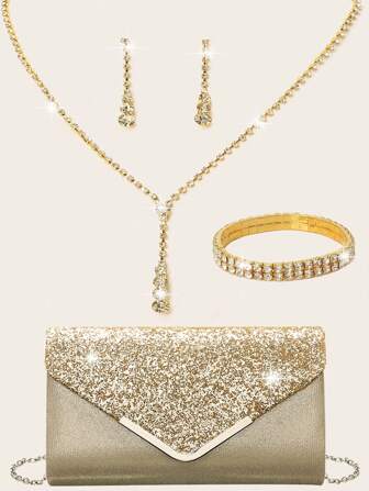 LETODE 包 4 件套 女士水钻晚装手拿包 水钻耳夹 新娘婚礼颈链 手链 吊饰 闪亮钱包