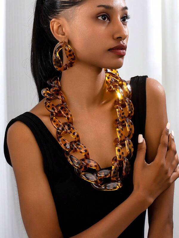 1set 2024 New Leopard Print Necklace & Earrings Personalized Exaggerate Necklace, For Women