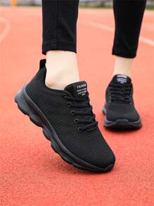 Tênis Casuais Femininos Respiráveis de Malha Preta, Sola Macia Leve, Tênis de Corrida e Exercícios com Cadarço e Solado Plano - Multicolorido - Visão 1