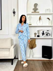 Women's American Cold Weather Pajamas Blogger Set Long Sleeve Shirt And Pants Premium Buttons Winter Front Opening - 淺藍色 - 查看 7