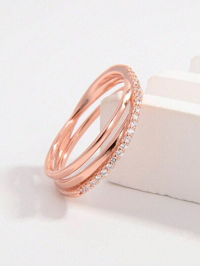 Vaerine 1pc Elegant & Chic 925 Silver Asymmetric Crossover Design Zirconia Ring, Charming Gift For Women