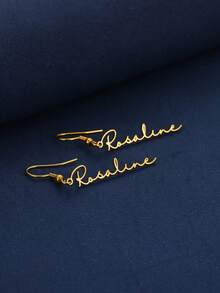 1 Pair Dainty Customized Vertical Name Earring Personalized Text Stainless Steel Earrings For Women Wedding Charm Golden Jewelry Vacation Daily Wear Accessories Gifts For Her