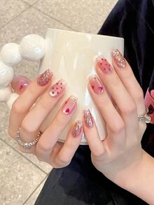 Handmade Press On Nails Cute Pink Heart & Polka Dot Cartoon Cat Eye Nail Art Wearable Nail Fake Nails(XS,S,M,L) Suitable For Women And Girls