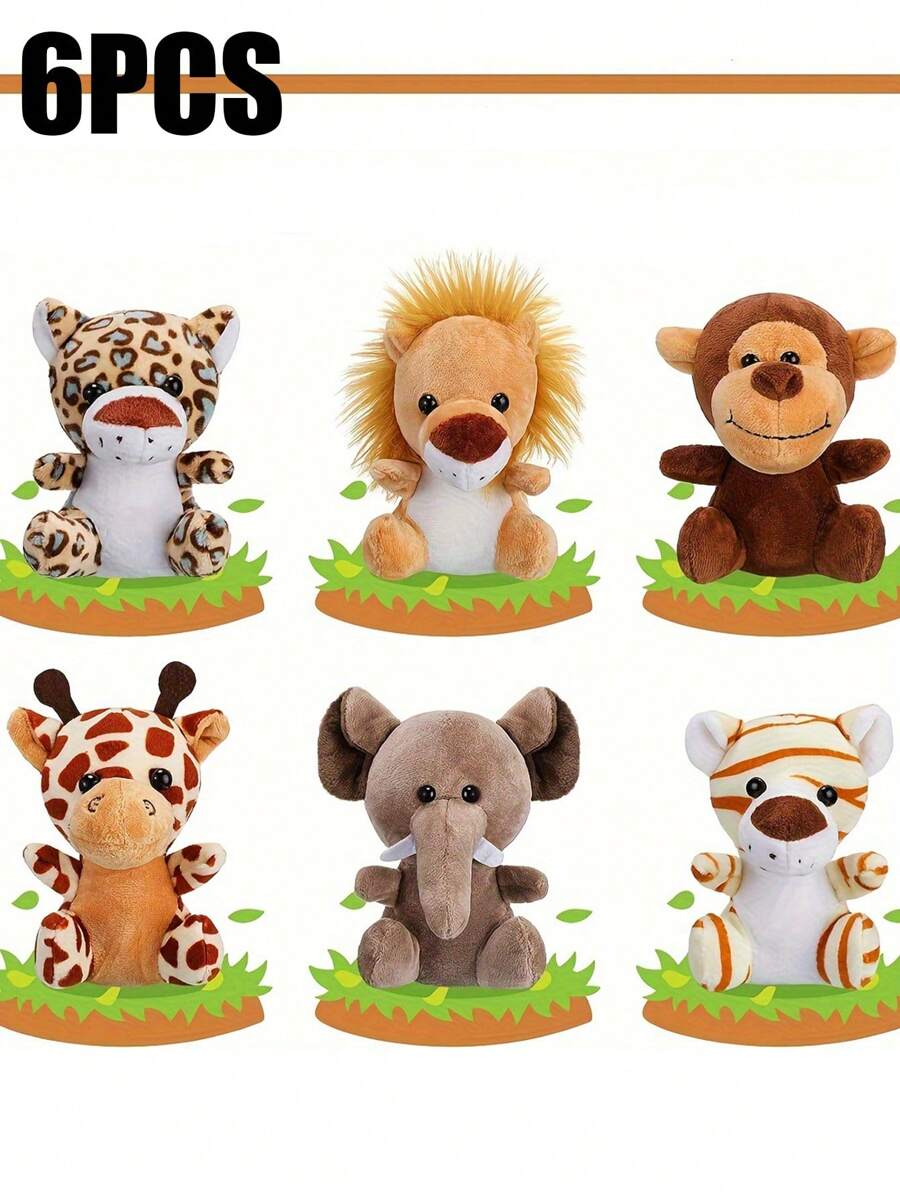 6pcs Miniature Wildlife Plush Toys Adorable Lion, Tiger, Elephant