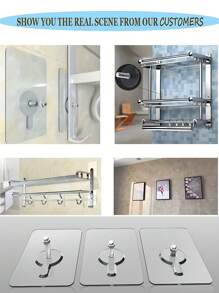 6个免钻孔墙钩，无缝墙面安装挂钩，相框挂钩，坚固的浴室墙钩，不锈钢螺丝（含螺母和垫圈），浴室毛巾架配件，适用于所有光滑硬质墙面 - 家居装饰、场景装饰、主题派对装饰、墙面装饰，提供6种不同长度的螺丝 - 透明 - 查看 7