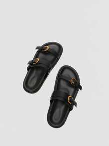 Fashion Flat Sandals Women Black Buckle Round Toe Thick Sole Casual Slippers