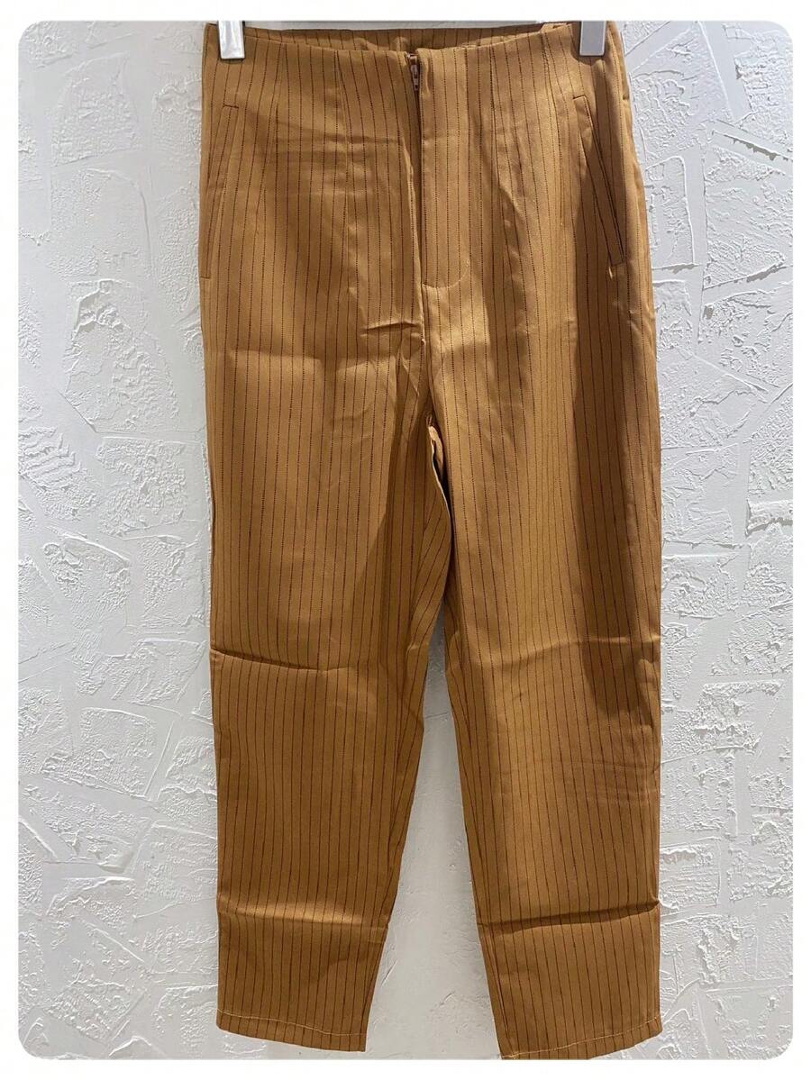 ADD MODA FEMININA EIRELI Women's Plaid Pants, High Waist, Stripes, Casual, Formal, Modern Elegant, Sophisticated, National Shipping Refresh Your Summer, - Màu Khaki - Xem 1