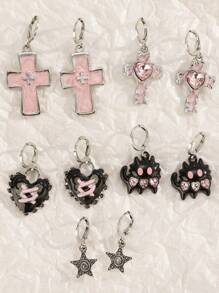 1對創意Y2K粉色蝴蝶結水晶十字銀色螺旋星耳環，可愛的星星耳環女士男士嘻哈Party珠寶禮物 - 彩色 - 查看 2