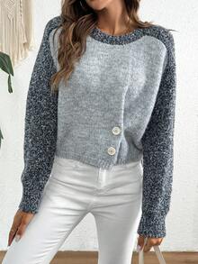 Women's Colorblock Crew Neck Loose Casual Sweater, Autumn/Winter - Grey - View 3