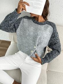 Women's Colorblock Crew Neck Loose Casual Sweater, Autumn/Winter - Grey - View 6