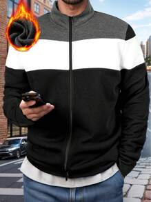 1 pièce Sweat-shirt à col montant pour homme avec couleur contrastée, pour l'automne/l'hiver - Noir et Blanc - Voir 1