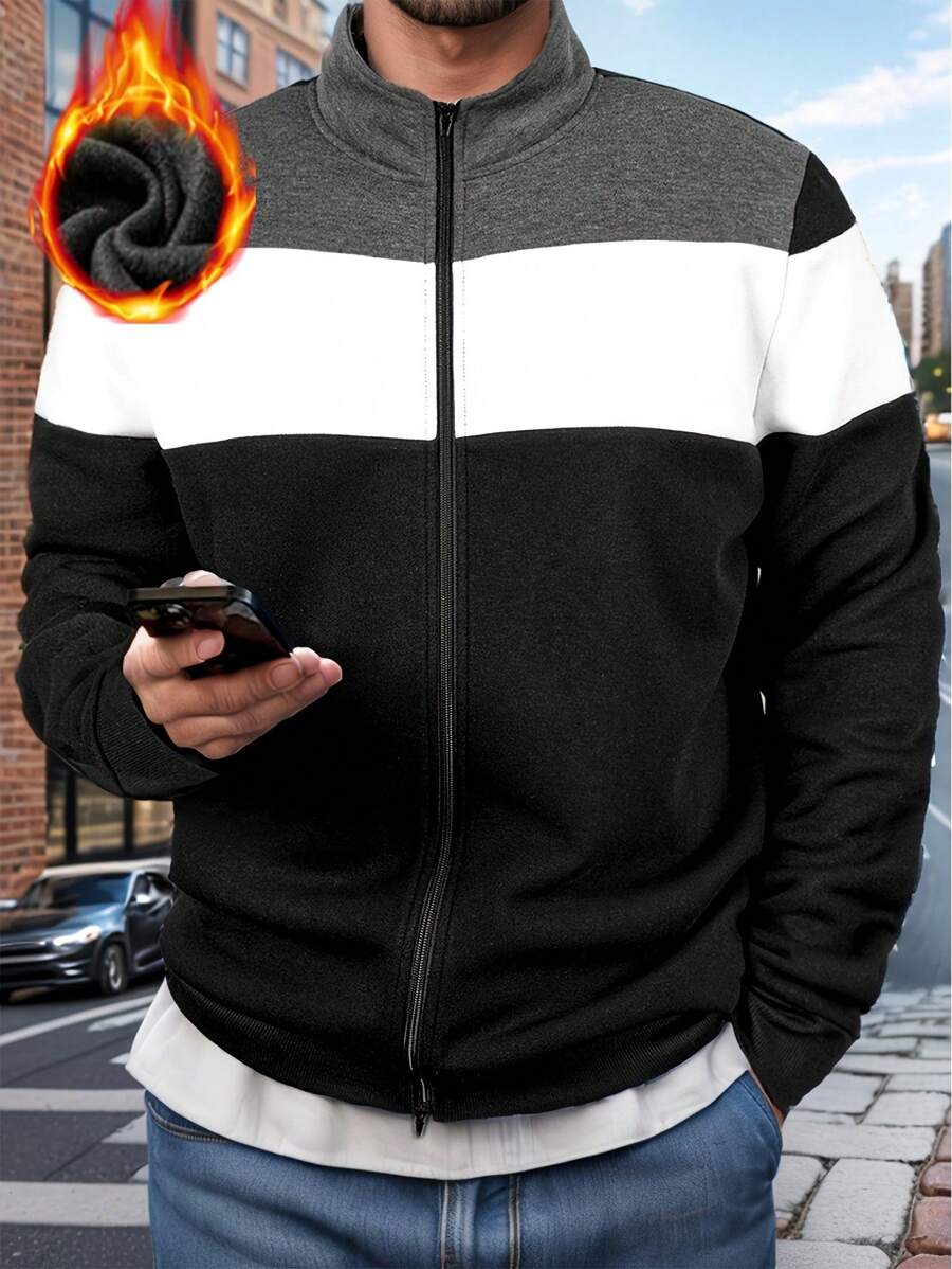 1 pièce Sweat-shirt à col montant pour homme avec couleur contrastée, pour l'automne/l'hiver - Noir et Blanc - Voir 1