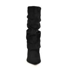 Women's Mid-Calf Boots Fold Over Chunky Heel Pointed Toe Slouch Riding Boots - Black - View 6