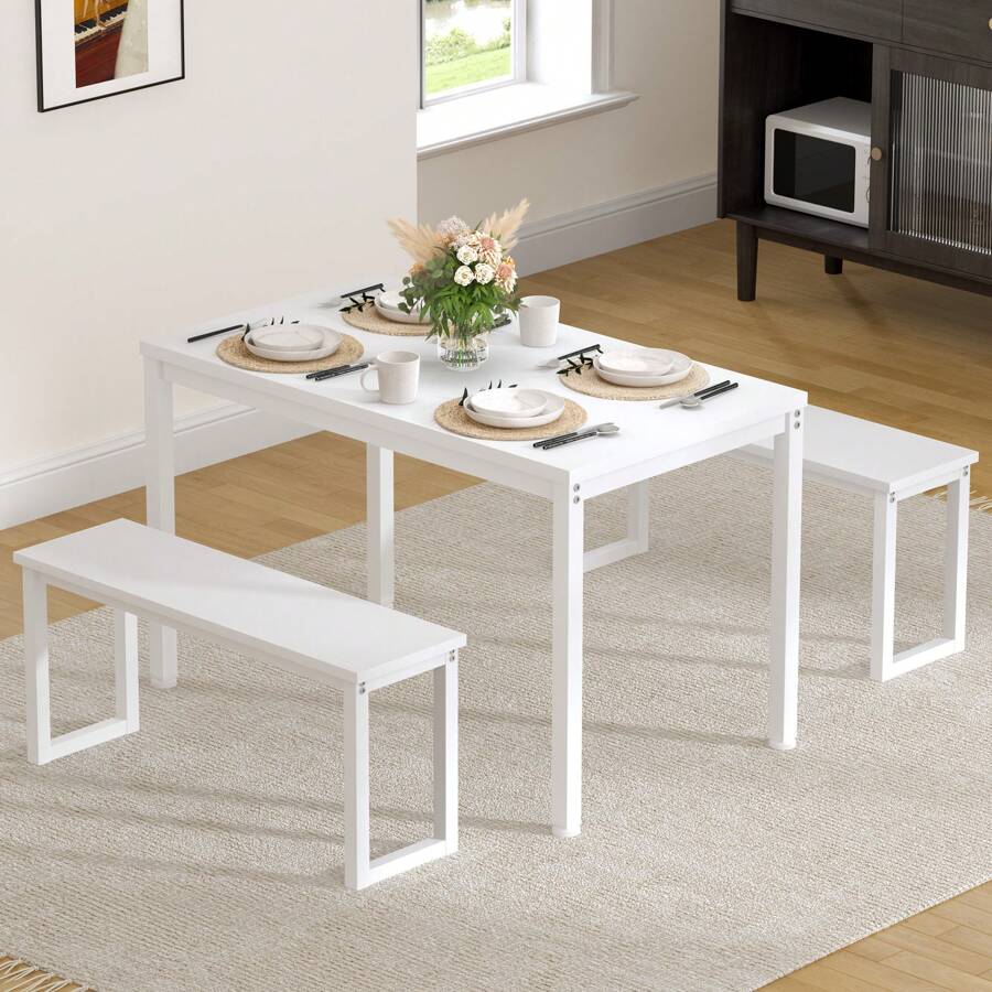 DlandHome Dining Table Set For 4,Kitchen Table With Benches,Wooden Dining Table And Chair Set Of 3, Iron Frame, White - 白色 - 查看 1