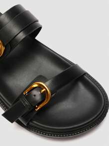 Fashion Flat Sandals Women Black Buckle Round Toe Thick Sole Casual Slippers
