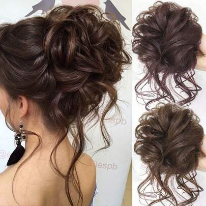 1 件深棕色凌乱发髻发片卷发发髻发圈凌乱发髻接发带弹性发带适合女士和女孩日常派对婚礼轻松造型