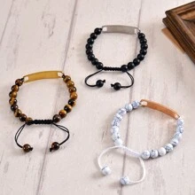 8mm Tiger's Eye Stone Bracelet, Turquoise Bracelet, Matte Black Stone Bracelet, Customized Photo & Text Couples Bracelet Set - Rose Gold - View 4