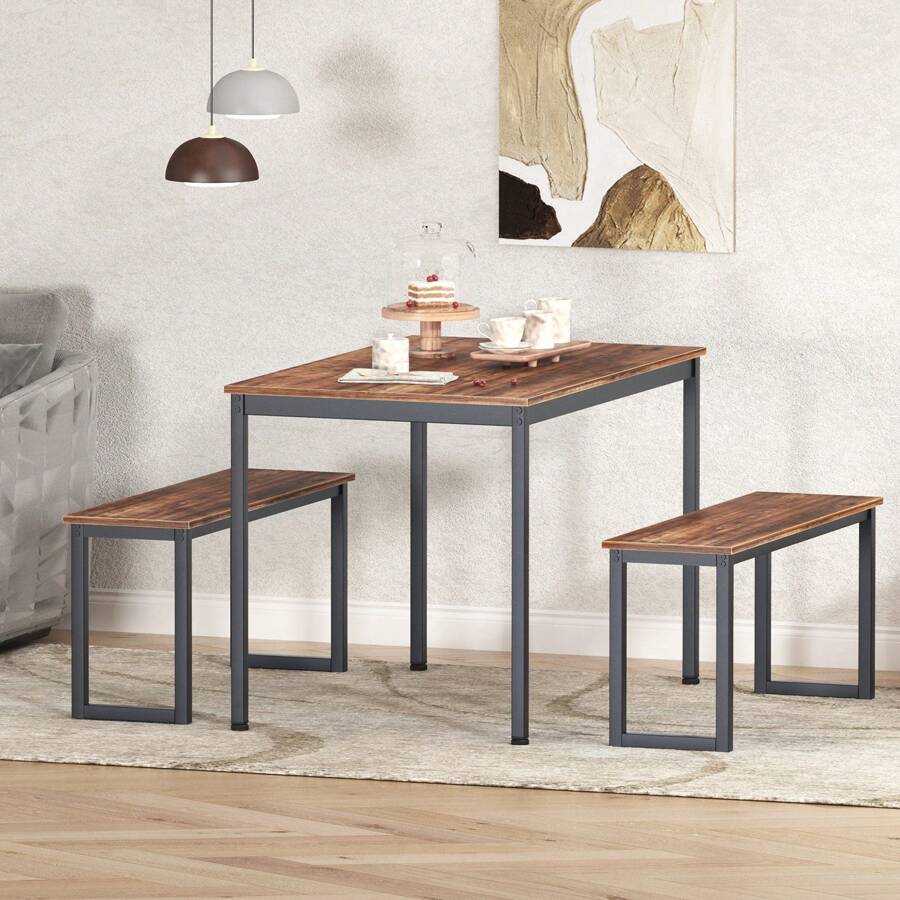 DlandHome Dining Table Set For 4,Kitchen Table With Benches,Wooden Dining Table And Chair Set Of 3, Iron Frame, Brown - màu nâu - Xem 1