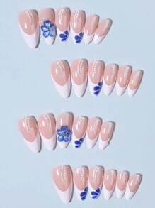 24 件 3D 凝胶指甲，打造杏仁法式指甲，中号 3D 凝胶花指甲设计亚克力假指甲套装，包含 1 件果冻胶和 1 件指甲锉，适合女士和女孩的法式指甲和花指甲，日常生活和派对使用美甲用品