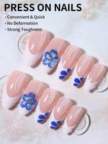 24 件 3D 凝胶指甲，打造杏仁法式指甲，中号 3D 凝胶花指甲设计亚克力假指甲套装，包含 1 件果冻胶和 1 件指甲锉，适合女士和女孩的法式指甲和花指甲，日常生活和派对使用美甲用品