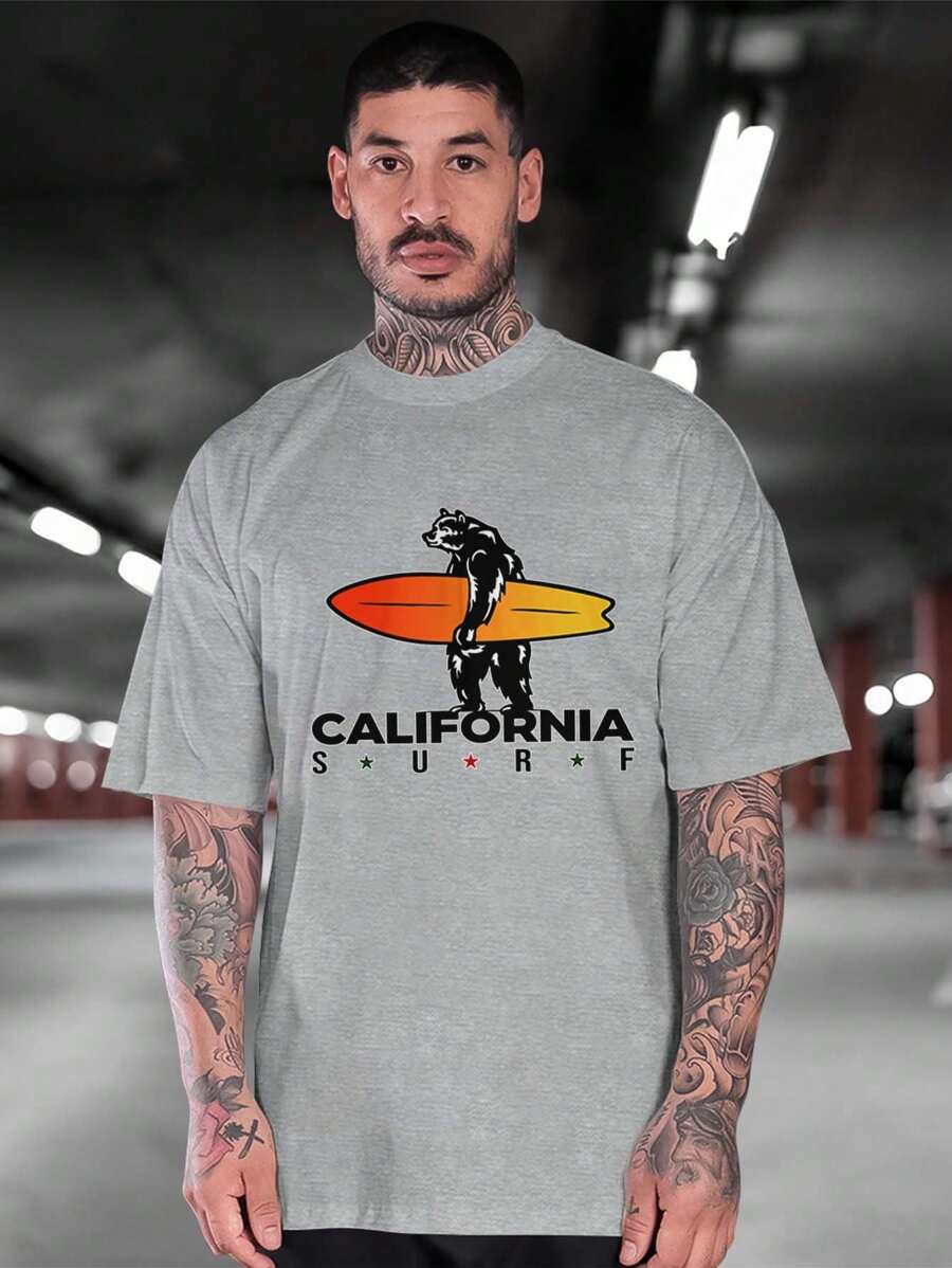 Basic T-Shirt 100% Cotton BEAR CALIFORNIA SURF Treetwear Casual Fashion - 灰色 - 查看 1