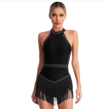 Beautiful Professional Dancewear: Women's Latin, Jazz Dance, Sleeveless Rhinestone, Sequin, Tassel Leotard, Performance Costume For Cha-Cha, , Salsa, Etc. - 黑色 - 查看 1