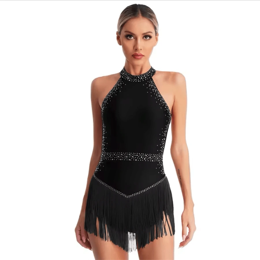 Beautiful Professional Dancewear: Women's Latin, Jazz Dance, Sleeveless Rhinestone, Sequin, Tassel Leotard, Performance Costume For Cha-Cha, , Salsa, Etc. - 黑色 - 查看 1
