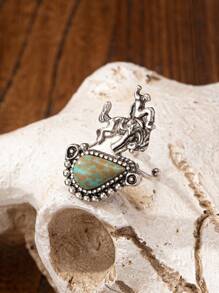 1 pieza Anillo de estilo vaquero con piedra de turquesa azul natural, anillo de joyería con diseño de caballo montado al estilo occidental - Multicolor - Ver 1