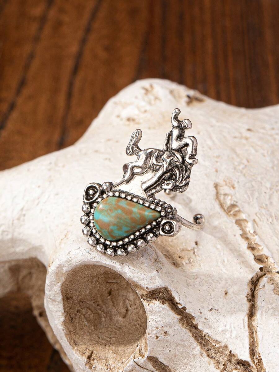 1 pieza Anillo de estilo vaquero con piedra de turquesa azul natural, anillo de joyería con diseño de caballo montado al estilo occidental - Multicolor - Ver 1